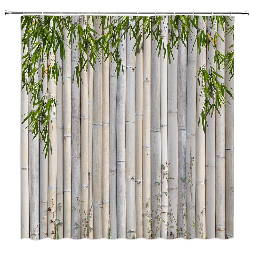 HYKHYK Bamboo Shower Curtain Japanese Asian Green Leaf Plant Nature Fabric Bathroom Curtain Set with Hooks(67" Wx70 H)