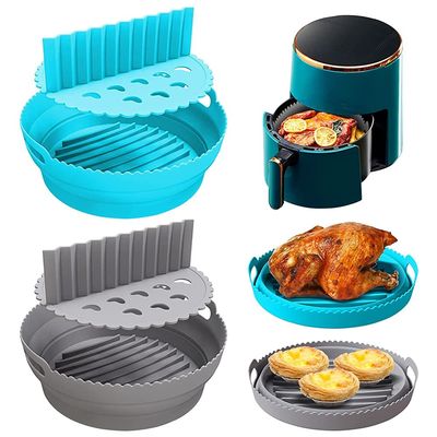 2Pcs Air Fryer Silicone Liners with Divider Trays, silicone Non-Stick Air Fryer Basket Bowl, Collapsible Pot Oven Liner Backing Tray, Air Fryer Inserts Used for Kitchen Oven (Gray & Blue)