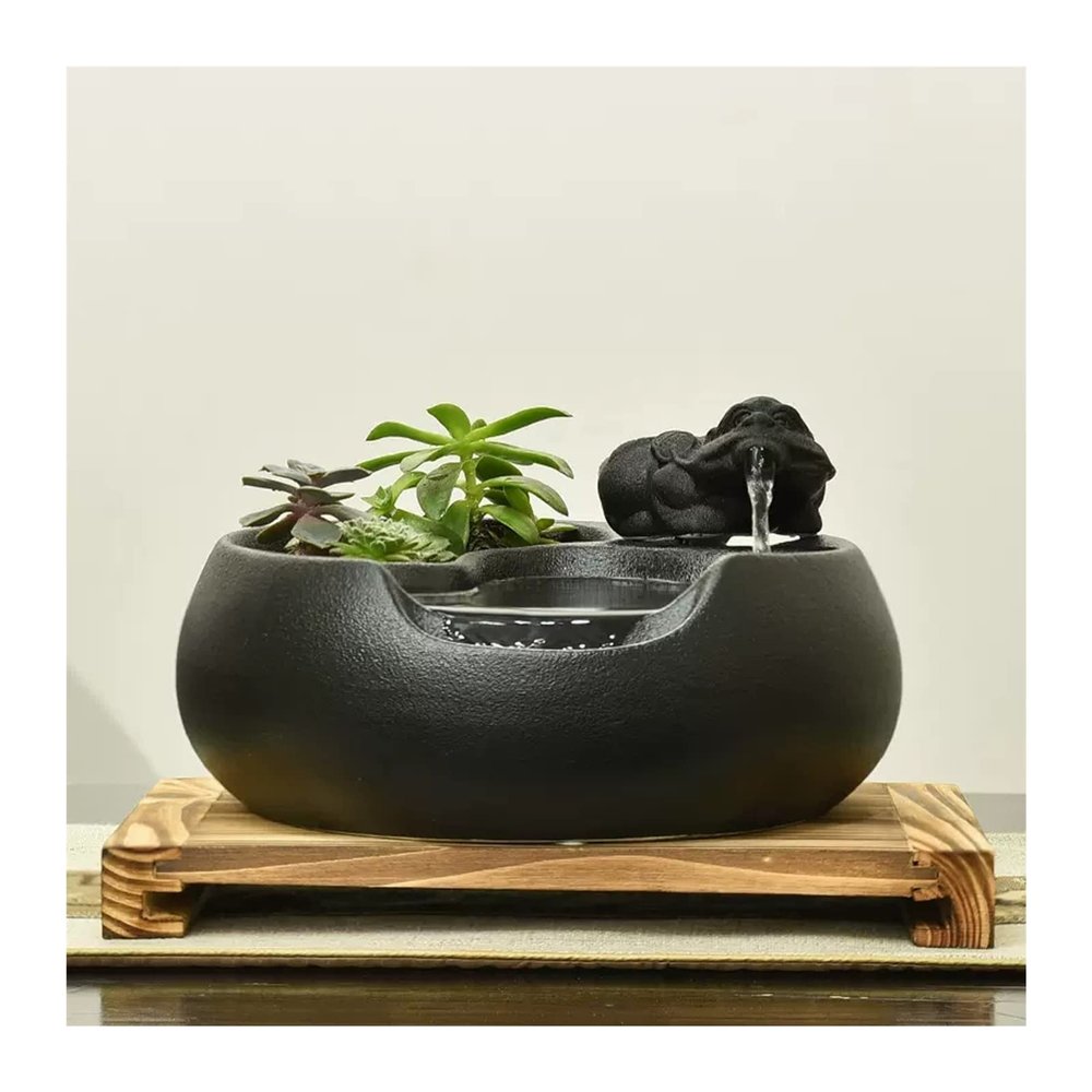 Tabletop Water Fountain Ceramic Tabletop Fountain for Indoor and Outdoor Table Desk Office Patio Black Ceramic Fountain with Pumps and Wooden base Office Relaxation Meditation Fountain ( Color : 1 )