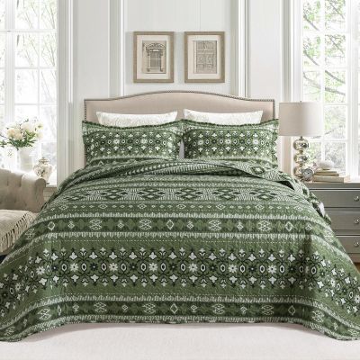BEDIFANY Quilts Queen Size, Reversible Lightweight Bedspread with Boho Geometry Printed, Bed Spread Coverlet Sets for Bed Decoration, All-Season Queen Quilt Bedding Set (90 * 98 in), 3 Pieces - Green