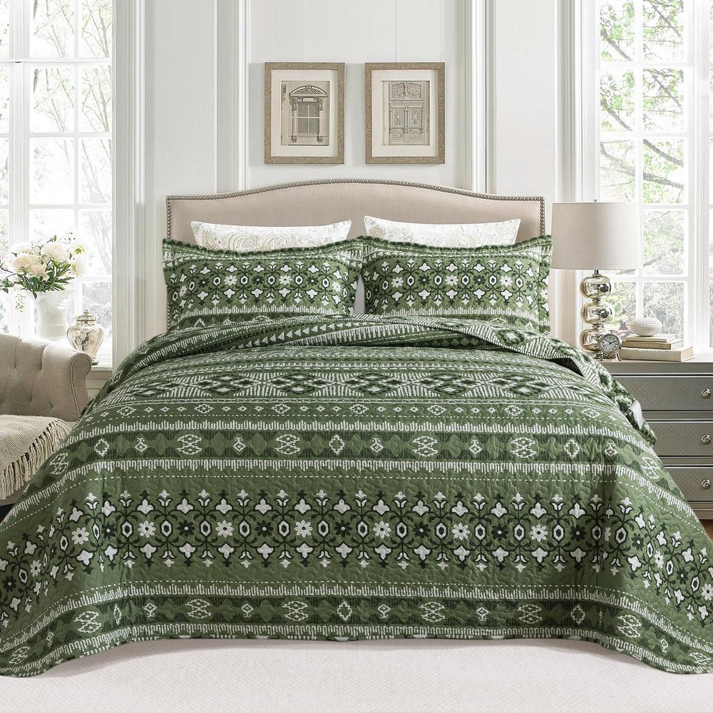 BEDIFANY Quilts Queen Size, Reversible Lightweight Bedspread with Boho Geometry Printed, Bed Spread Coverlet Sets for Bed Decoration, All-Season Queen Quilt Bedding Set (90 * 98 in), 3 Pieces - Green