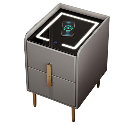PERTID Gold Smart LED Nightstand,Unique Sofa End Table with Drawer,Small Side Table with Wireless Charging Station and USB Port (Color : Light Gray, Size : 35cm)