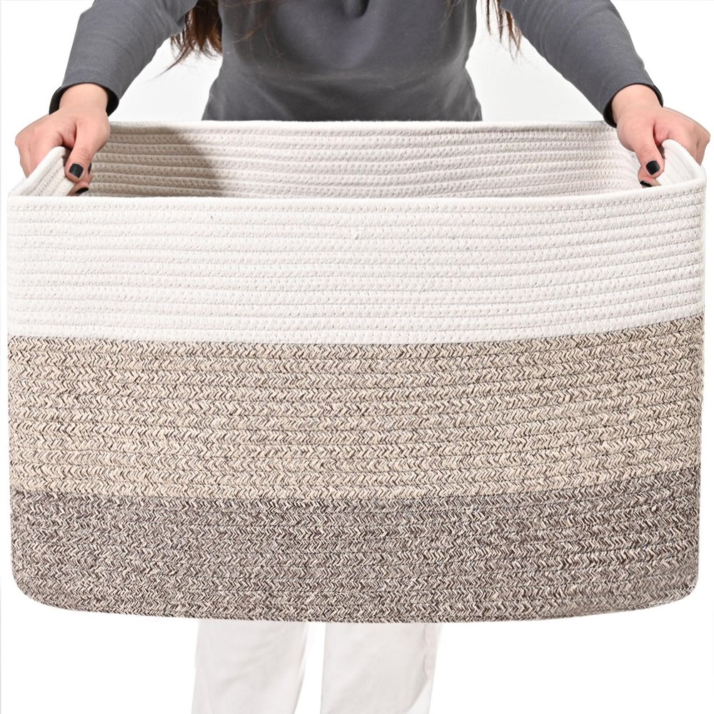 ICERZCZ Large Rectangle Blanket Basket, Large Storage Basket for Organizing, Cotton Rope Woven Basket for Storage with Handles, Baby Nursery Living Room Bedroom, 22x17x12, 75L