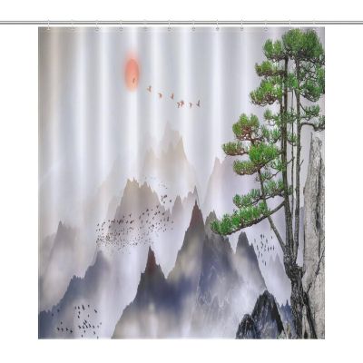 Asian Shower Curtain Watercolor Traditional Chinese Theme Ink Painting Pine Tree Oriental Art Scenery Fabric Shower Curtain Decoration Set with Hooks 72x72 Inches