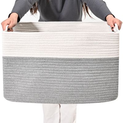ICERZCZ Large Blanket Basket Living Room, Rectangle Storage Basket, Large Basket for Blankets, Woven Cotton Rope Baskets for Storage Toy Dirty Clothes, 22x17x12, White & Grey, 75L