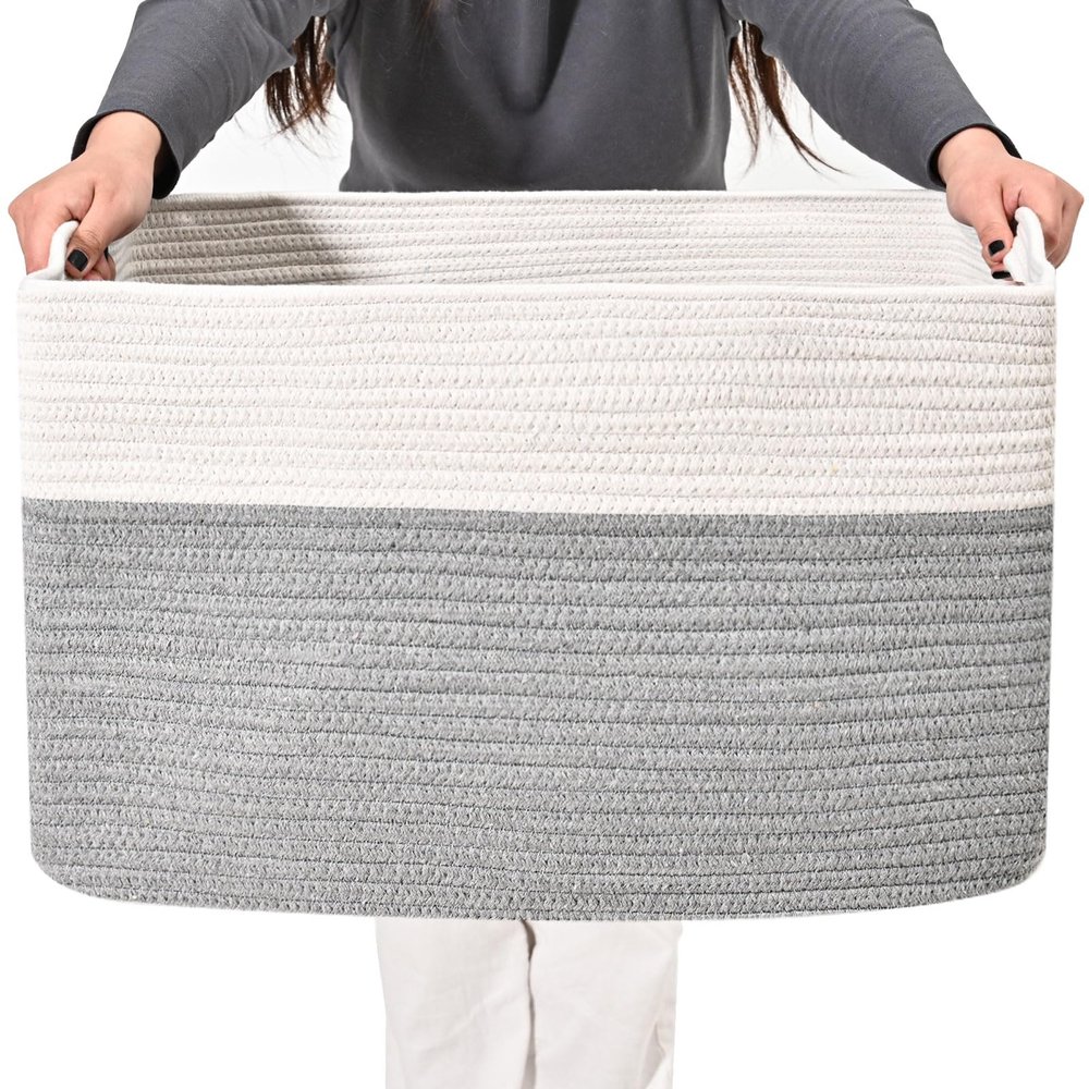 ICERZCZ Large Blanket Basket Living Room, Rectangle Storage Basket, Large Basket for Blankets, Woven Cotton Rope Baskets for Storage Toy Dirty Clothes, 22x17x12, White & Grey, 75L