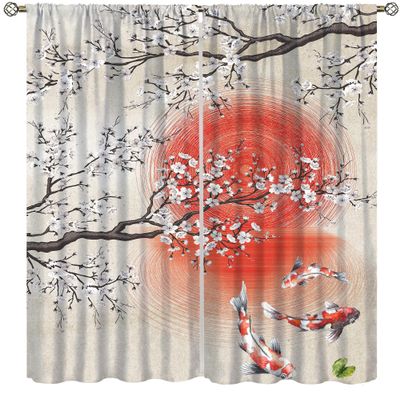 Koi Fish Curtains,Chinese Traditional Ink Painting Japanese Style Koi Home Bedroom Living Room Kitchen Vintage Window Treatments Drapes 42x54 Inch