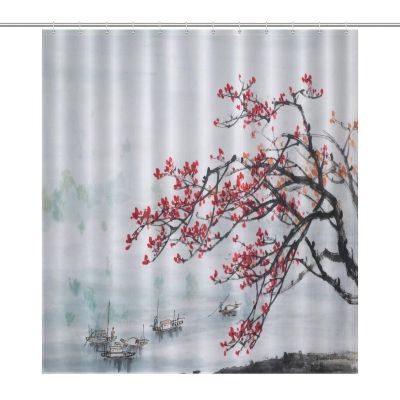 Asian Shower Curtain Watercolor Traditional Chinese Theme Ink Painting Pine Tree Oriental Art Scenery Fabric Shower Curtain Decoration Set with Hooks 72x72 Inches