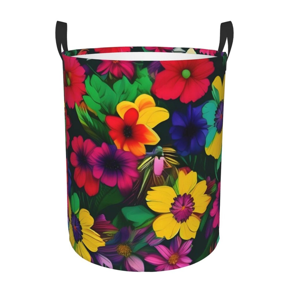 Rainbow Flowers Pattern Round Waterproof Oxford Fabric Large Clothes Basket Laundry Hamper With Handles,Toy Storage