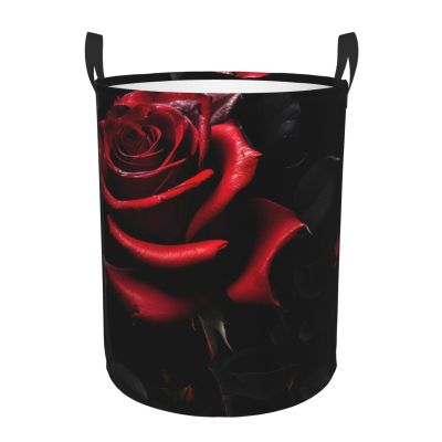 Red And Roses Round Waterproof Oxford Fabric Large Clothes Basket Laundry Hamper With Handles,Toy Storage