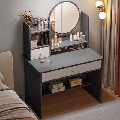 AoForce Vanity Desk with Drawers and Mirror, Spacious Desktop, Large-Capacity Partitioned Storage, with Round Mirror and Stool, Easy to Install, Stable and Durable (Size : A)