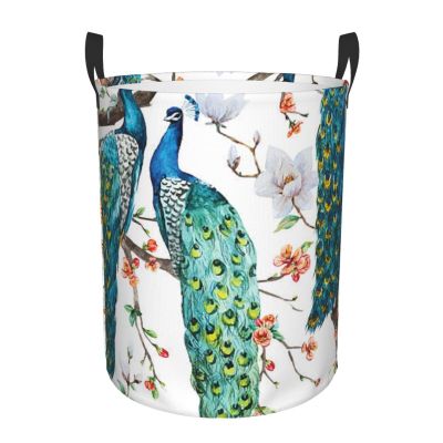Beautiful Peacock Flowers Round Waterproof Oxford Fabric Large Clothes Basket Laundry Hamper With Handles,Toy Storage