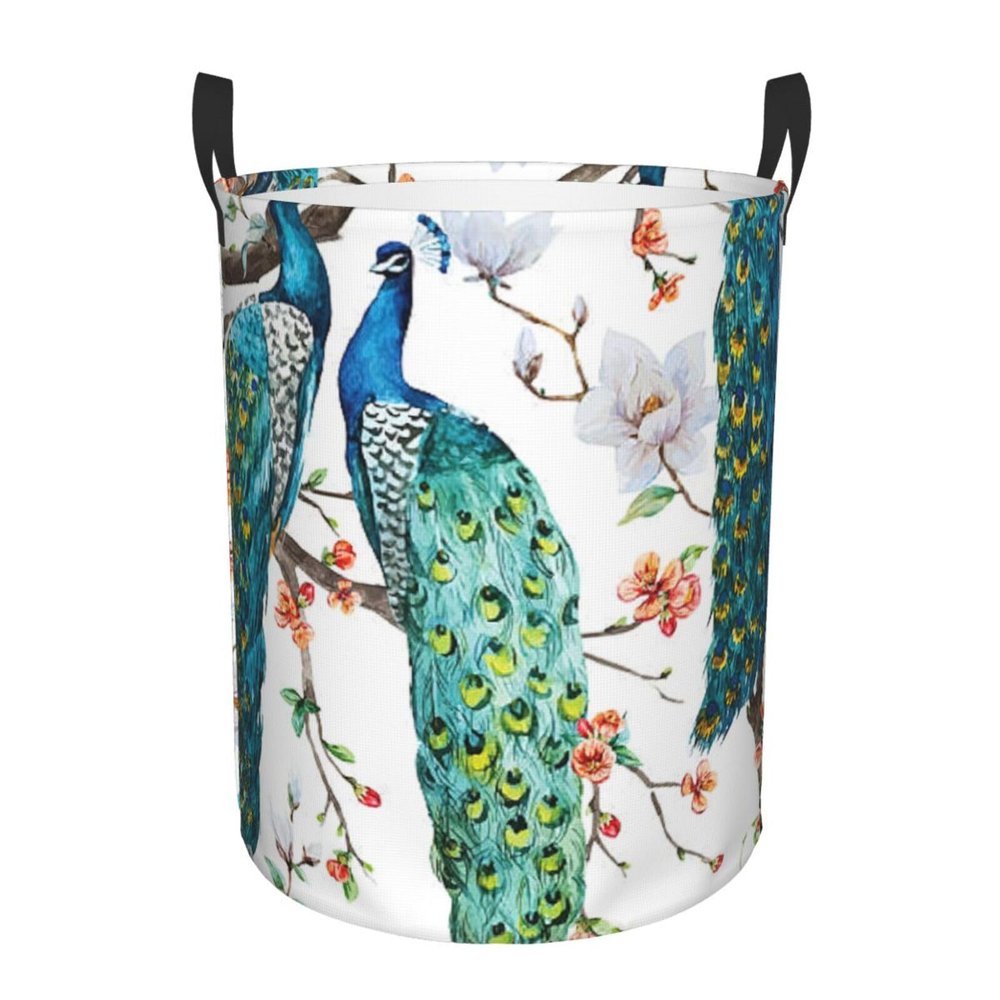 Beautiful Peacock Flowers Round Waterproof Oxford Fabric Large Clothes Basket Laundry Hamper With Handles,Toy Storage