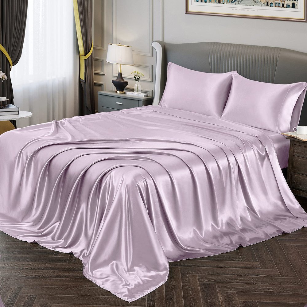Satin Bedding Set > California King Size Soft Satin Silk 7 Pcs. Lavender Satin Silk- Comforter, Sheet Set, Fitted Sheet 18" Deep Pocket + 1 Flat Sheet + 4 Pillowcases