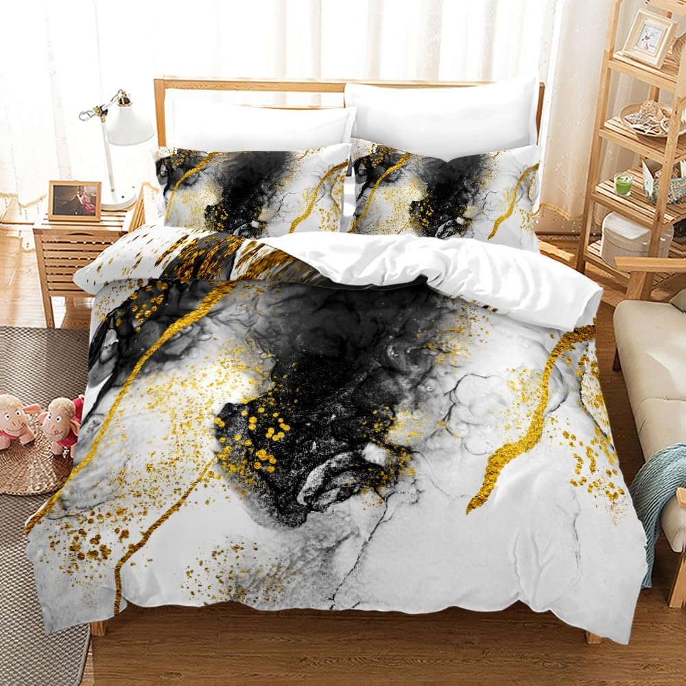 Classic Black White Comforter Cover Set with Gold Glitter Full Size Abstract Marble Print Bedding Duvet Set Boys Girls Teens Adult Bedroom Decor Quilt Cover Set with 2Pillowcase