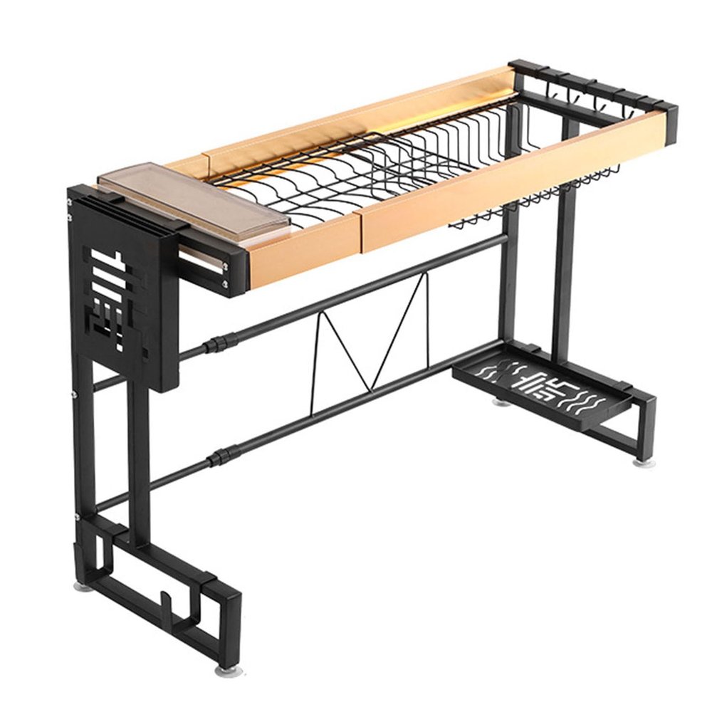 JUSHZ Dish Rack Dish Drying Rack Dish Drainer Over Sink Draining Rack Stainless Steel Metal with Cutlery Holder Retractable Strong Bearing Capacity (Black)