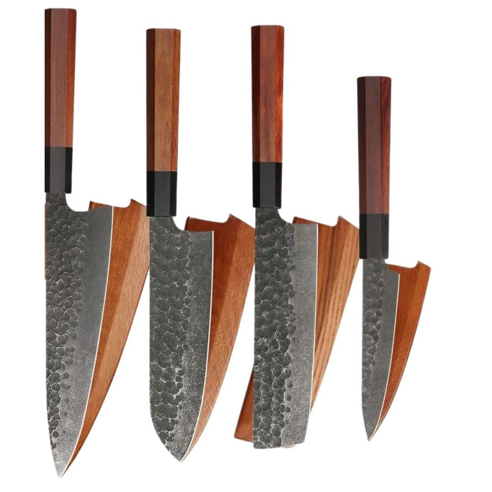 Hammer Finished Black Chef Knife, Professional Japanese Style Kiritsuke 440C Carbon Steel Kitchen Chefs Knife, Razor Sharp Professional Meat Cutting Knife (Complete Set)