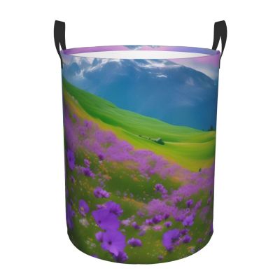 Nature Purple Flowers Meadow Mountain Scenic Round Waterproof Oxford Fabric Large Clothes Basket Laundry Hamper With Handles,Toy Storage