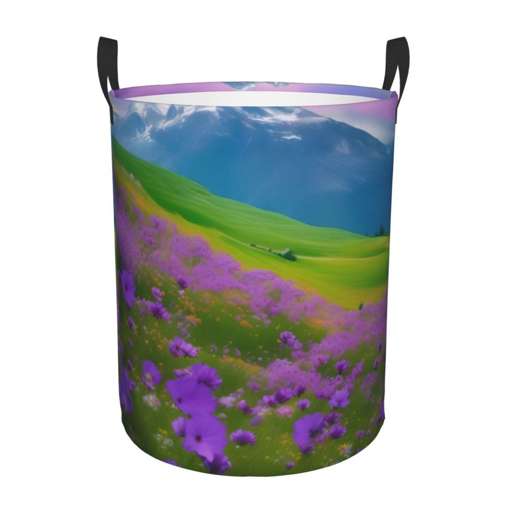 Nature Purple Flowers Meadow Mountain Scenic Round Waterproof Oxford Fabric Large Clothes Basket Laundry Hamper With Handles,Toy Storage