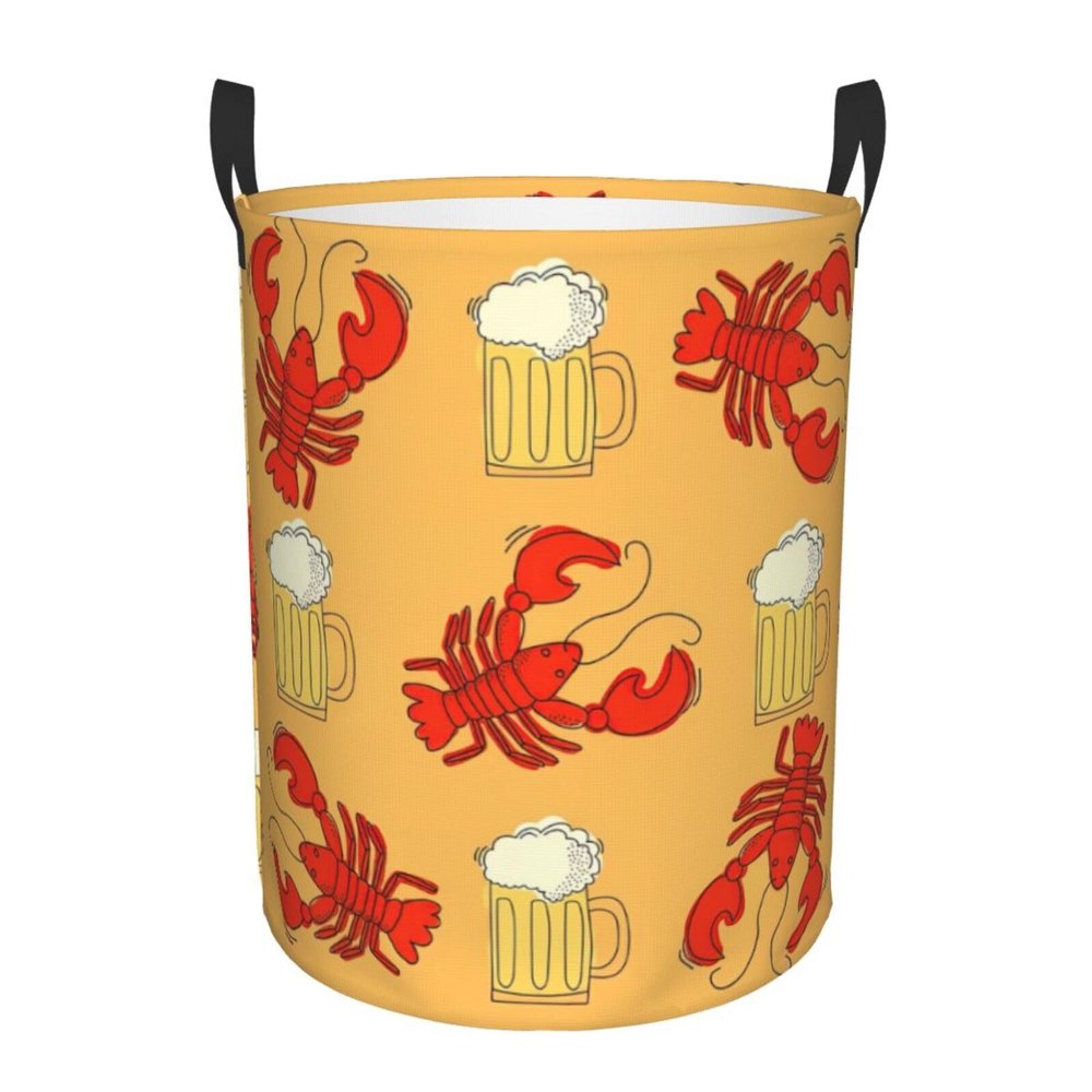 Beer And Crawfish Pattern Round Waterproof Oxford Fabric Large Clothes Basket Laundry Hamper With Handles,Toy Storage