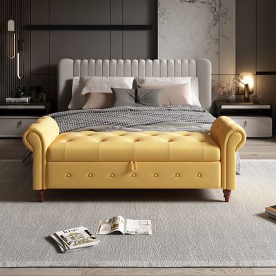 63" End of Bed Bench, Storage Ottoman Bench, Rolled Armed Linen Fabric Upholstered Window Bench Seat with Solid Wood Legs, Couch Long Bench for Bedroom, Living Room, Hallway (Yellow)