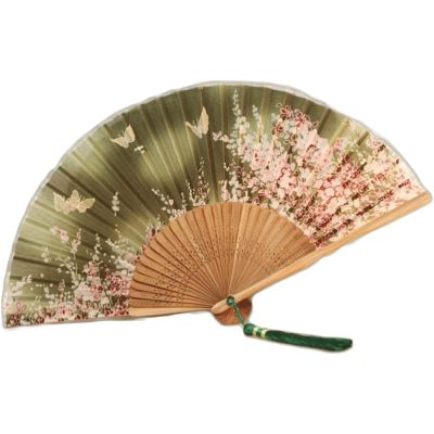 ZUMAHA Portable Butterflies Patterned Hand Fan, Green Japanese Folding Fan, Vintage Chinese Fan for Dancing/Cosplay/Party Props Decoration Cool