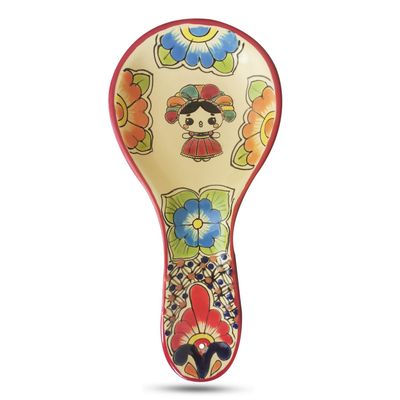 MAYANSHUL Large Mexican Talavera Spoon Rest | Lele Doll design Hand-Painted, Utensil Rest for Spoons Ladles, Tongs or Spatula | Lead-Free, Dishwasher Safe | Lovely Mexican Gift