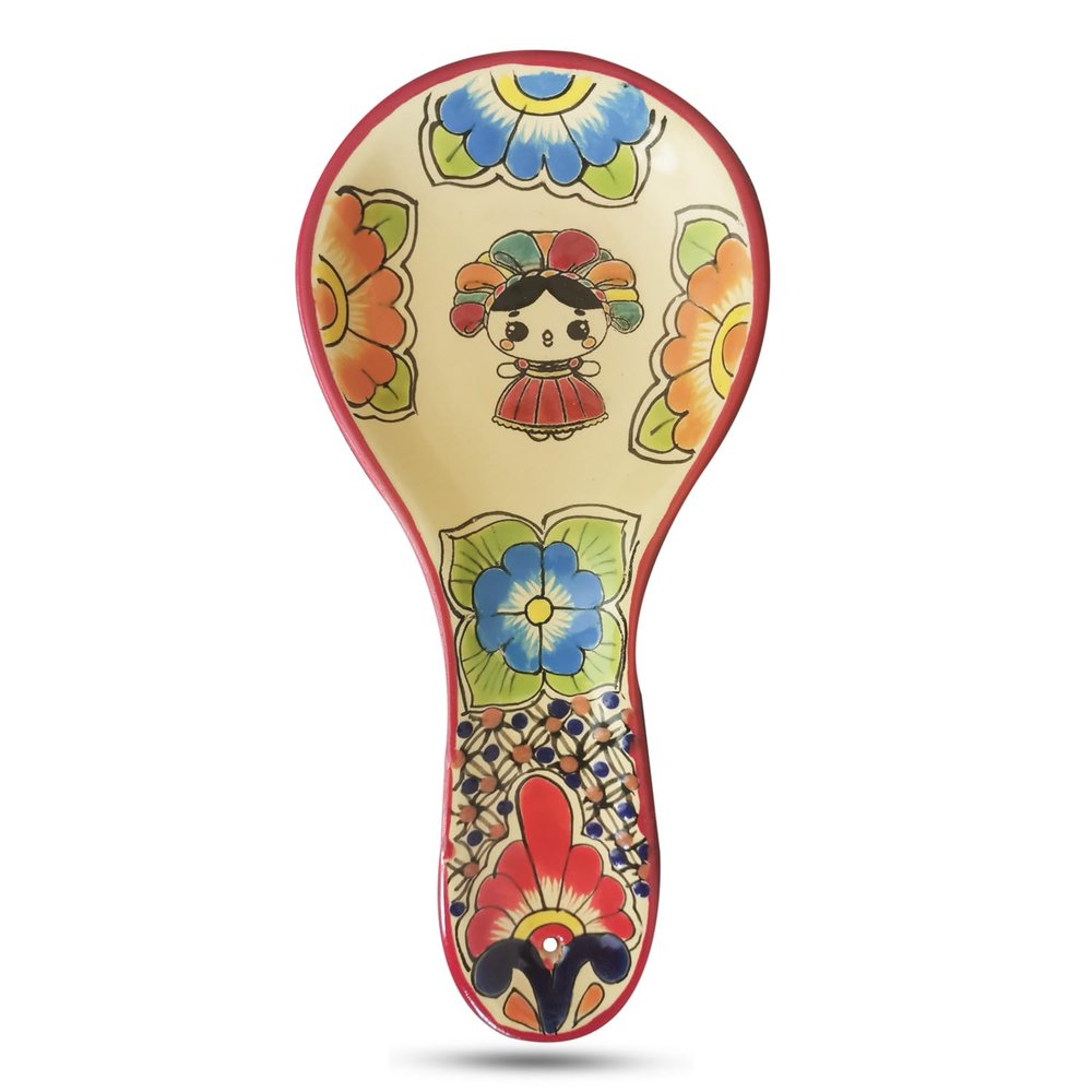MAYANSHUL Large Mexican Talavera Spoon Rest | Lele Doll design Hand-Painted, Utensil Rest for Spoons Ladles, Tongs or Spatula | Lead-Free, Dishwasher Safe | Lovely Mexican Gift