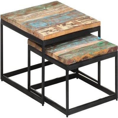 2 PCS Nesting Table Set Coffee Tables Iron Frame Sofa and End Table for Living Room Home Furniture Decor Space Saving Reclaimed Wood