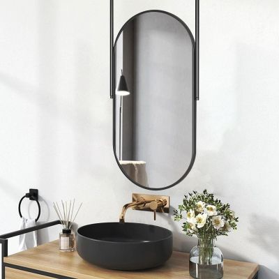 Drsyffsup Ceiling Mounted Hanging Rod Mirror with Black Metal Frame and Boom, Decorative Simple Mirror Clear and Practical, Bathroom Vanity Mirror HD Double Booms Mirror (Size : 40cmx70cm)