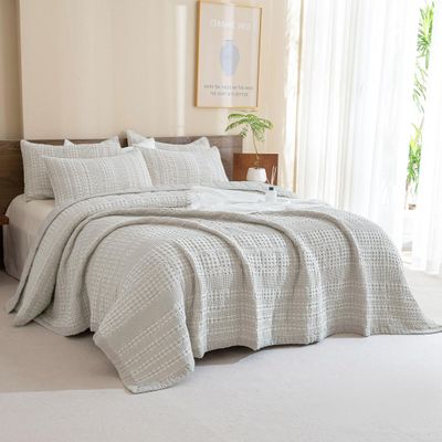 Sanracie Khaki Cotton Quilt Set Queen Size(90"x98")-Waffle Weave Quilt, 3PCS Boho Queen Quilt Bedding Sets, Farmhouse Shabby Boho Chic Quilt Sets for Bed, All Seasons Ultra Soft Qulited Bedspread