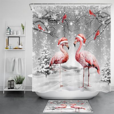 HVEST Christmas Winter Shower Curtain with Bathroom Rugs, Pink Flamingo and Cardinals in Grey Snow Forest Shower Curtain and Bath Mat, 72L X 72W inch Winter Snowflake Shower Curtain Set Bathroom Decor