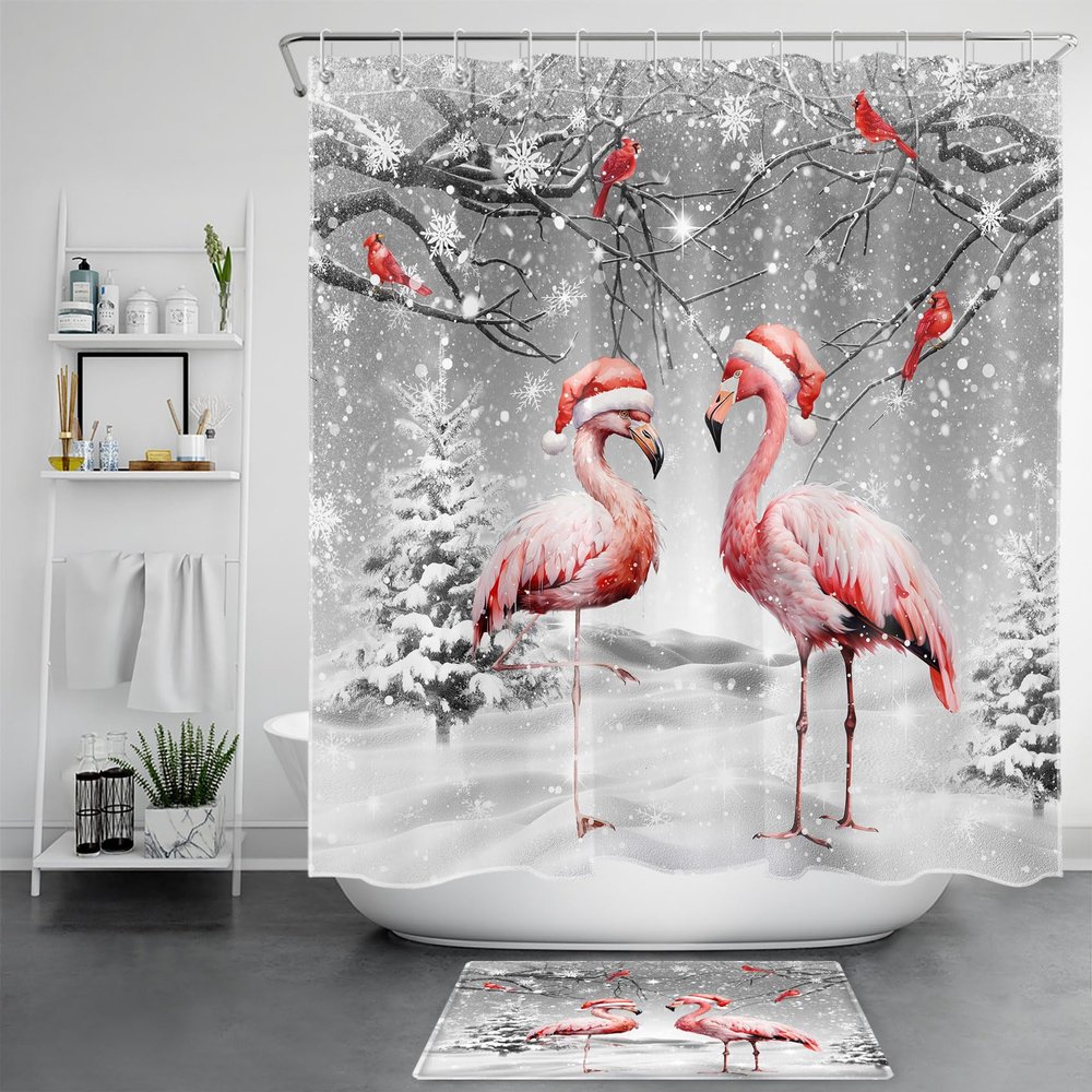 HVEST Christmas Winter Shower Curtain with Bathroom Rugs, Pink Flamingo and Cardinals in Grey Snow Forest Shower Curtain and Bath Mat, 72L X 72W inch Winter Snowflake Shower Curtain Set Bathroom Decor