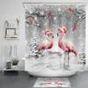 HVEST Christmas Winter Shower Curtain with Bathroom Rugs, Pink Flamingo and Cardinals in Grey Snow Forest Shower Curtain and Bath Mat, 72L X 72W inch Winter Snowflake Shower Curtain Set Bathroom Decor view 1
