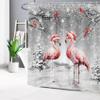 HVEST Christmas Winter Shower Curtain with Bathroom Rugs, Pink Flamingo and Cardinals in Grey Snow Forest Shower Curtain and Bath Mat, 72L X 72W inch Winter Snowflake Shower Curtain Set Bathroom Decor view 2