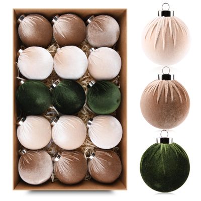 Christmas Tree Ornaments Velvet Balls - Pack of 15pcs Shatterproof Xmas Bulbs Decorations Set - Multicolor Green Brown Neutral, 80mm 3.15 inch