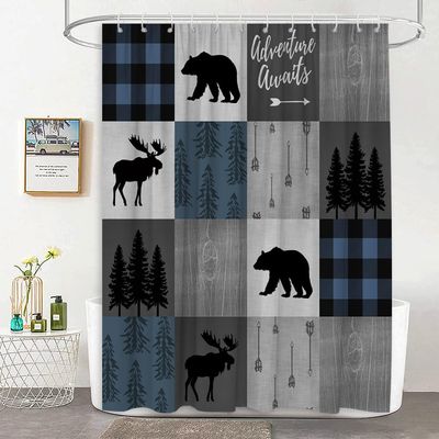 JEJOMEAG Cabin Retro Rustic Lodge Shower Curtain Bear Moose Deer Elk Blue Black Plaid Check Country Camping Hunting Adventure Fabric Bathroom Curtain with Hooks, 70Wx70H