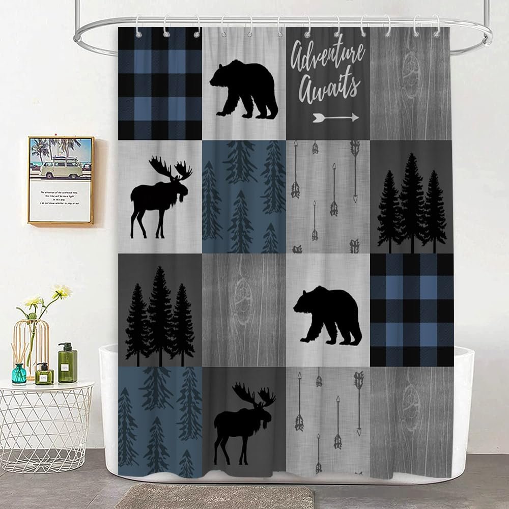 JEJOMEAG Cabin Retro Rustic Lodge Shower Curtain Bear Moose Deer Elk Blue Black Plaid Check Country Camping Hunting Adventure Fabric Bathroom Curtain with Hooks, 70Wx70H