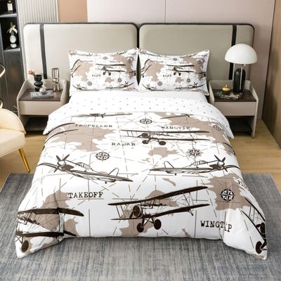 100% Cotton Airplane Bedding Set King Youth Aviation Aircraft Comforter Cover for Kids Boys Teens Young Man World Map Duvet Cover Compass Glider Quilt Cover Room Decor with 2 Pillow Cases Brown White