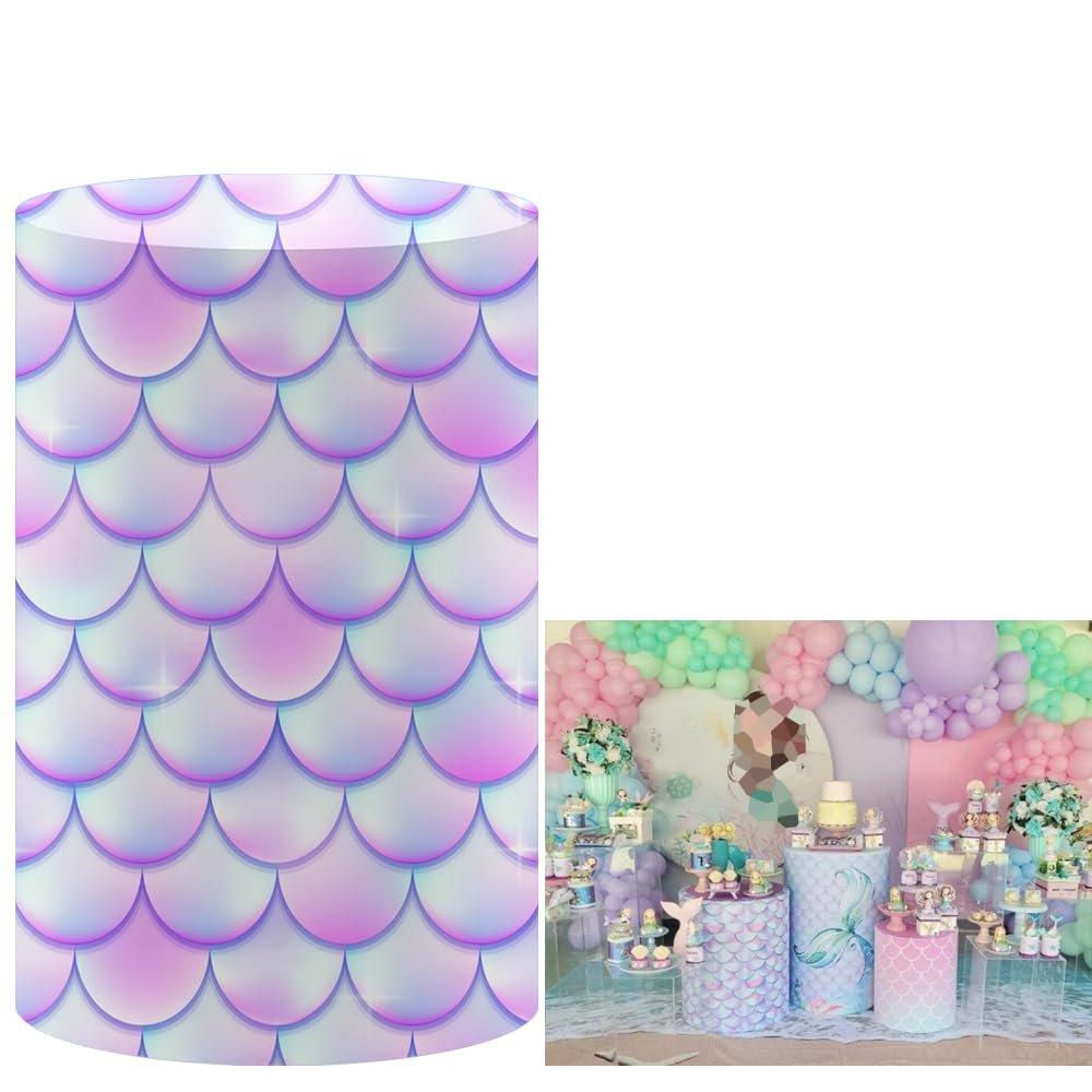 FiVan Baby Birthday Party Props Mermaid Scale Theme Plinth Cover Elastic Stretch Spandex Pedestal Cover for Metal Cylinder Stands