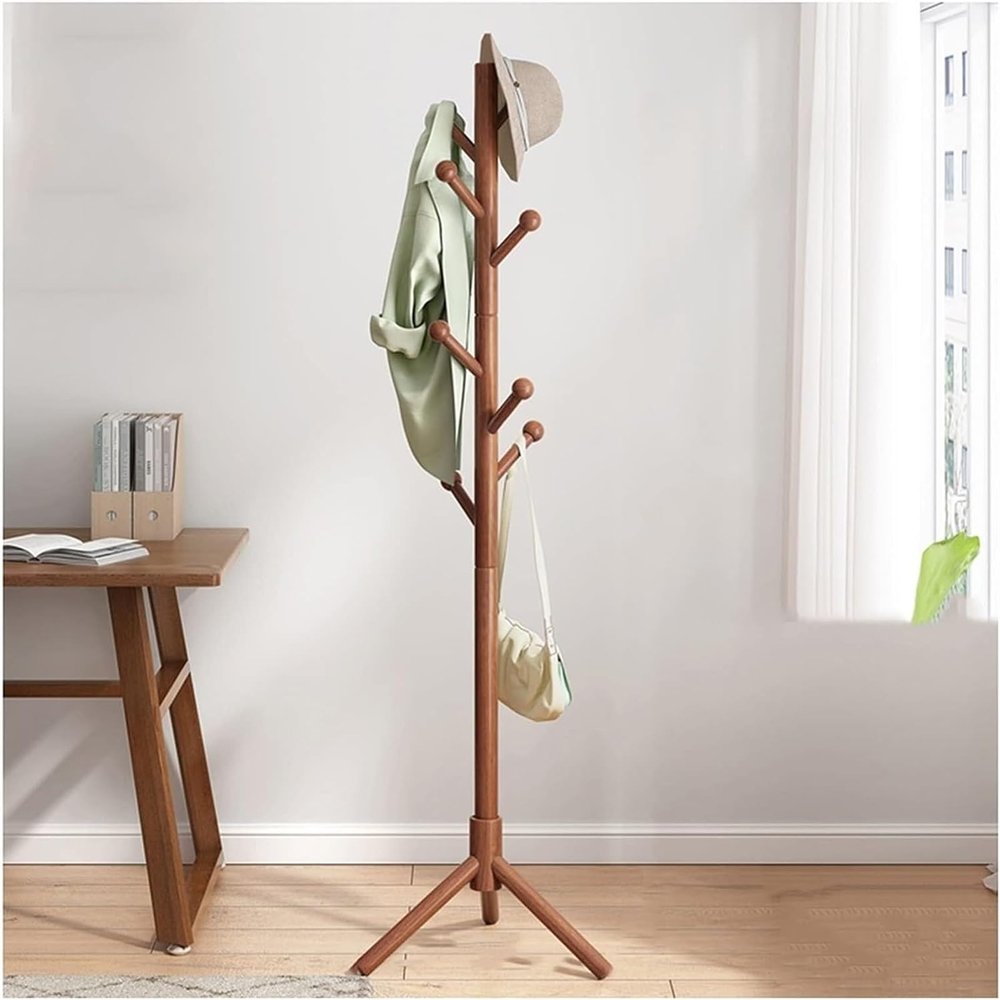 DLUXCA Adjustable Clothes Rack Stand Hat Rack Wooden Coat Layer Tree Standing with 8 Moveds Triangle Base Modern Coat Jackets Hangers for Hallway Entrance