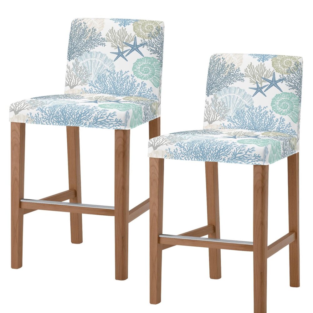 Bar Stool Covers Nautical Coastal Ocean Coral Stretch Removable Bar Chair Cover Beach Themed Blue Teal Counter Slipcovers for Kitchen Pub Dining Room Cafe Furniture Set of 2