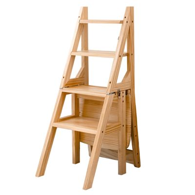 JHDXL Wooden Folding Library Ladder Chair, 4-Step Library Ladder,Convertible Folding Chair Step Stool Display Stand for Adults Office Home Kitchen Outdoor (Color : Log Color)
