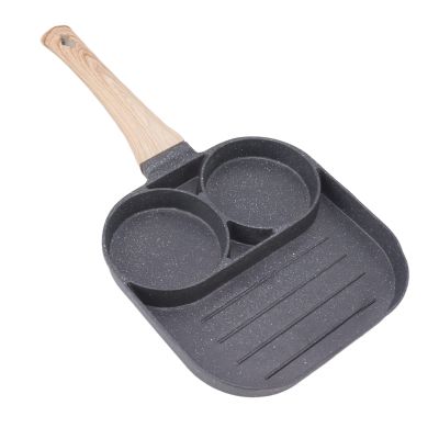 Egg fryer, 2 round cups, 3 sections, anti stick wooden handle, induction gas stove, breakfast pot, for induction, gas stove, etc