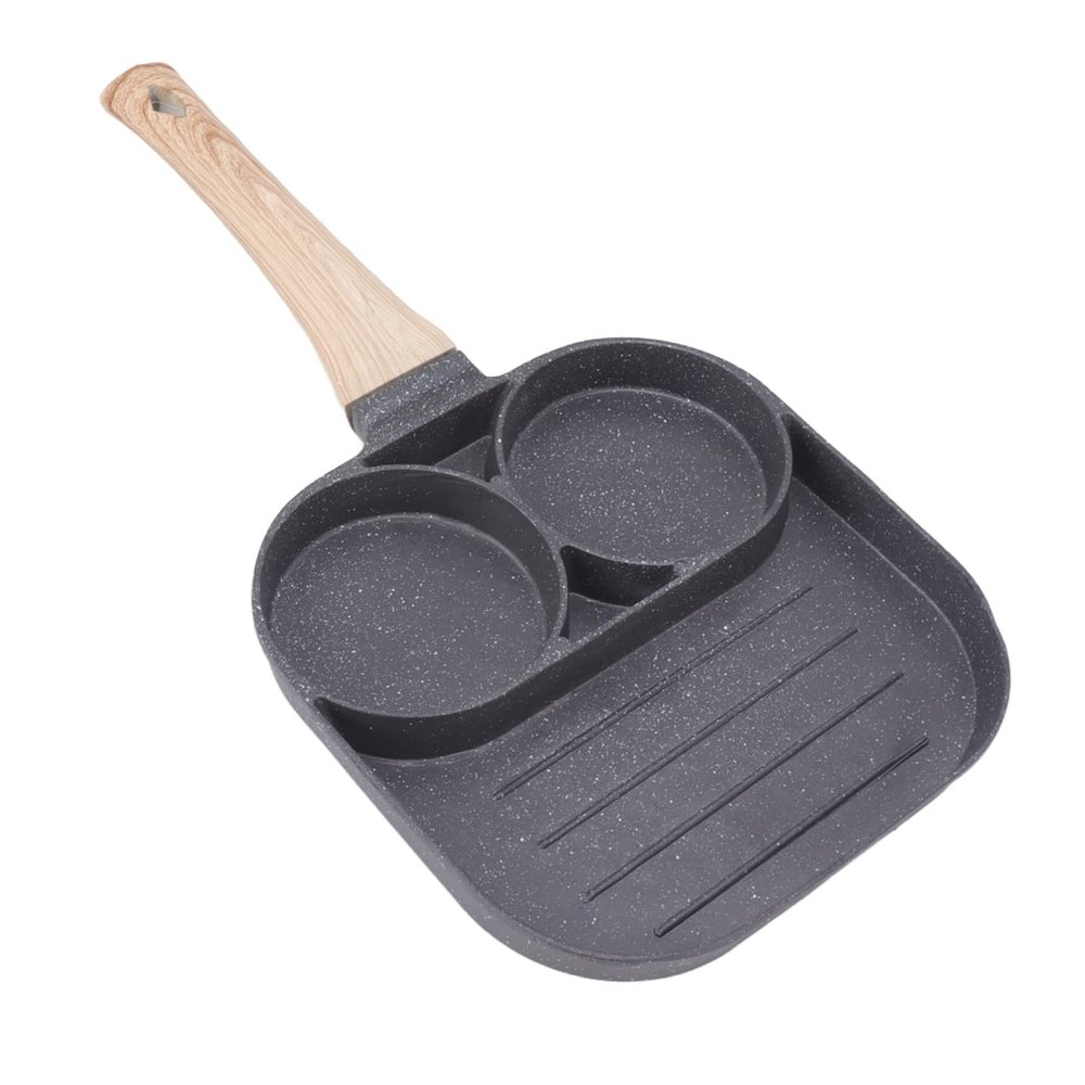 Egg fryer, 2 round cups, 3 sections, anti stick wooden handle, induction gas stove, breakfast pot, for induction, gas stove, etc