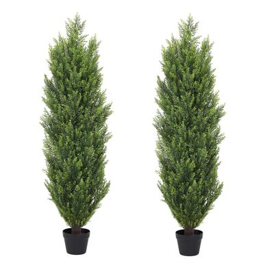 THE BLOOM TIMES Artificial Topiary Cedar Trees Outdoor 4FT Tall 2 Set, Realistic Faux Pine Cypress Shrubs Bushes, UV Resistant Large Fake Evergreen Plants for Front Porch Outside Planter Decor 4 Foot