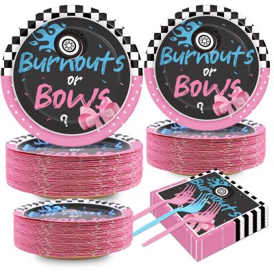 50 Guests Burnouts or Bows Gender Reveal Plates and Napkins Party Supplies Boys or Girls Baby Shower Party Decorations Disposable Tableware Set Gender Reveal Dinnerware Favor for Baby ,200PCS