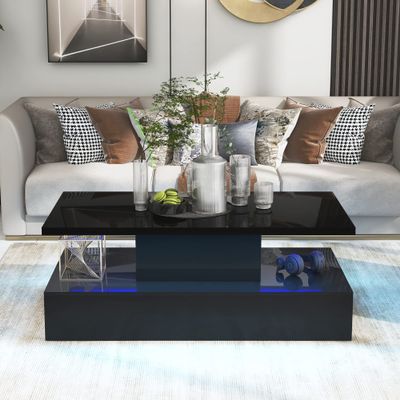 47.2" Modern Black LED Coffee Table for Living Room Unique High Glossy Cocktail Center Table with Lights, Rectangle Wooden Coffee Table for Living Room