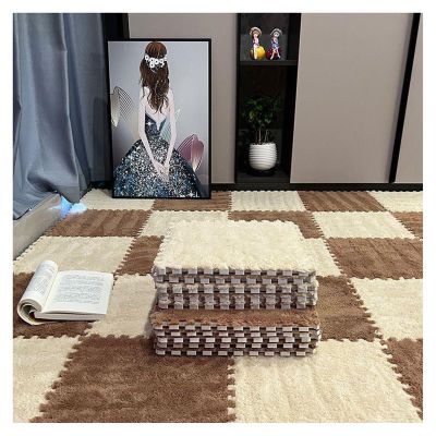 12 Pieces Soft Shaggy Area Rugs, Fluffy Interlocking Carpet Tiles, Non-Slip Splicing Carpet Floor Tiles for Indoor Home Residential, 12"x12"(Color:Apricot+Coffee)