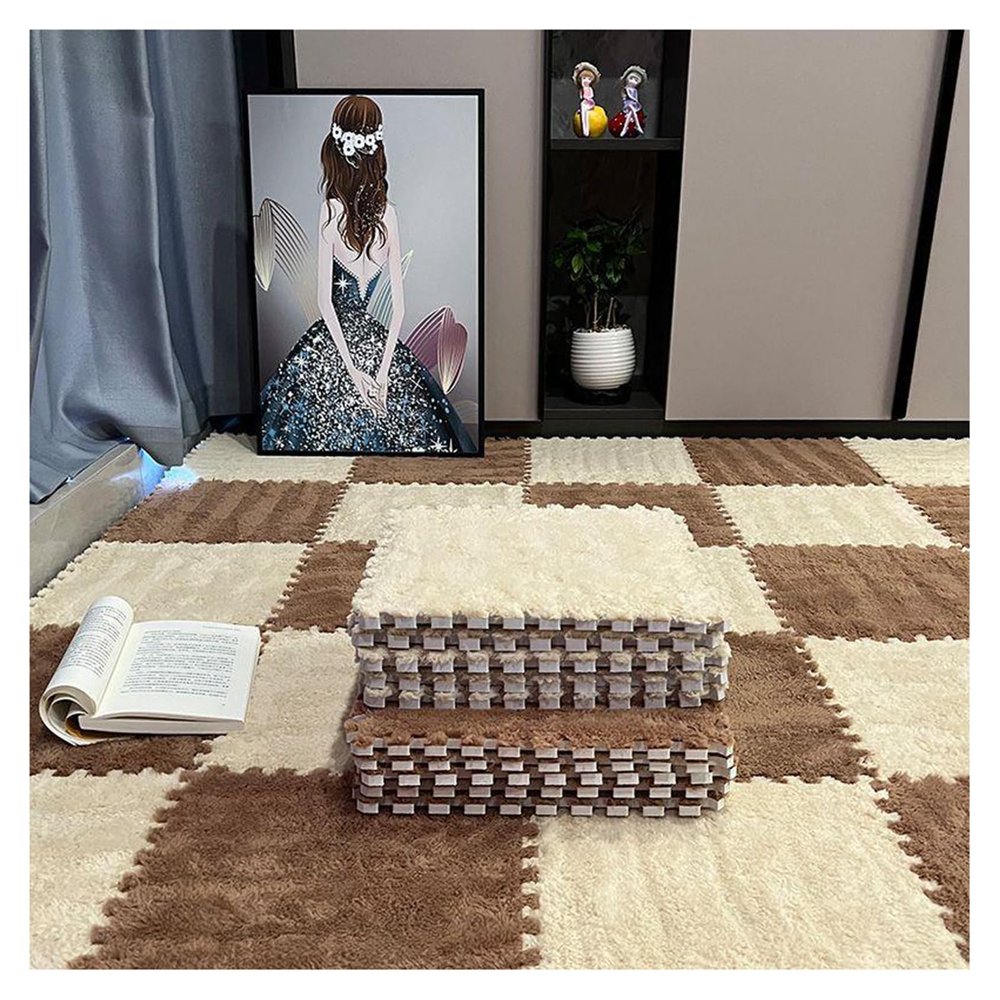 12 Pieces Soft Shaggy Area Rugs, Fluffy Interlocking Carpet Tiles, Non-Slip Splicing Carpet Floor Tiles for Indoor Home Residential, 12"x12"(Color:Apricot+Coffee)